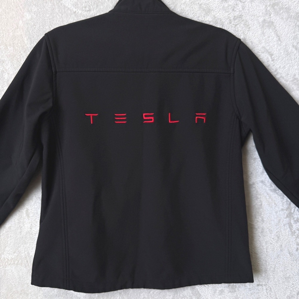 Tesla Motors Mens Softshell Jacket Black Red Embroidered Logo Size Medium